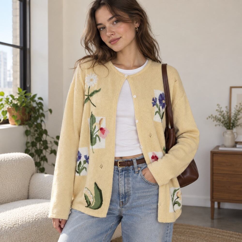 Vintage Claire Murray Butter Yellow Granny Core Cotton Floral Knit Cardigan L